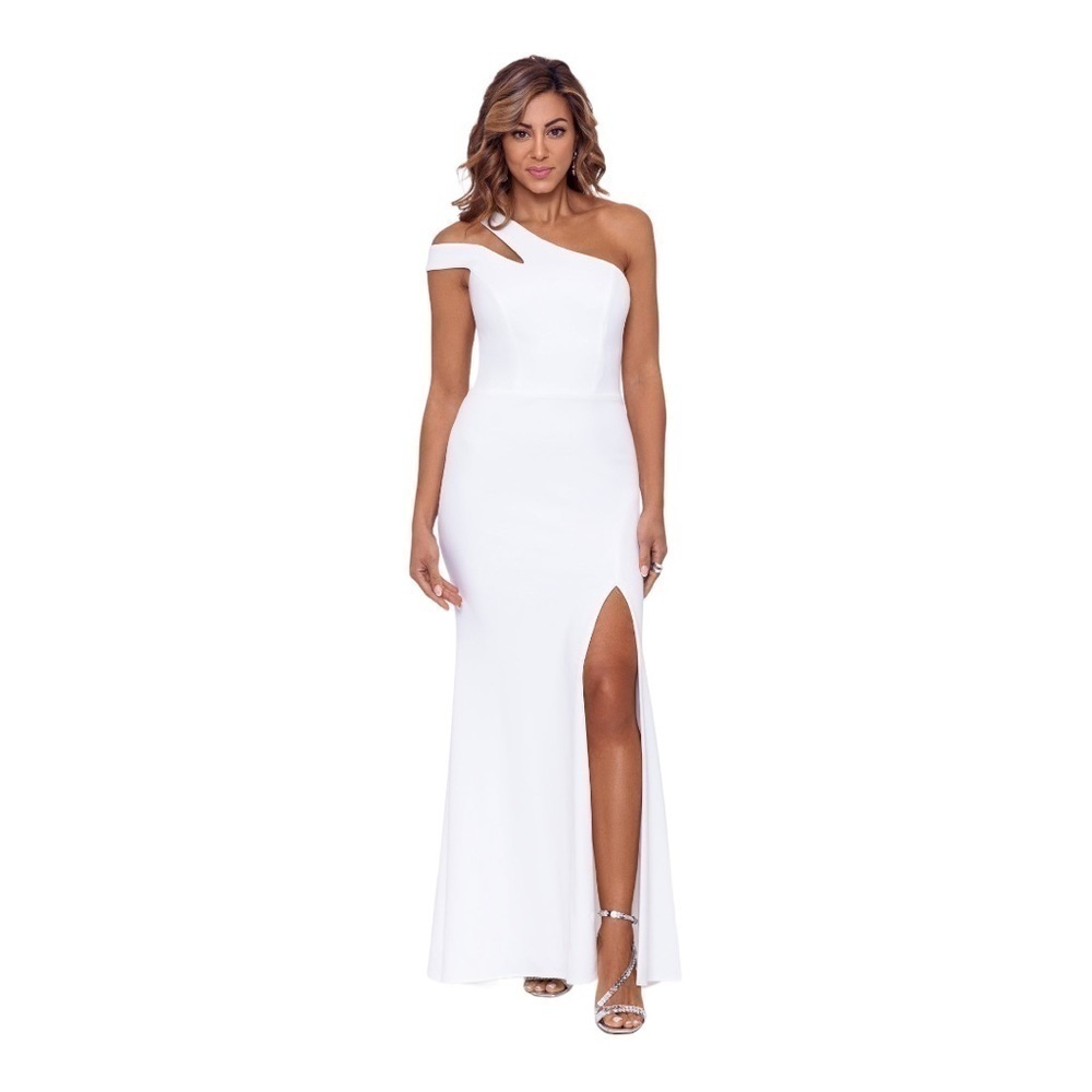 Xscape "LUCY" LONG SCUBA CREPE ONE SHOULDER DRESS